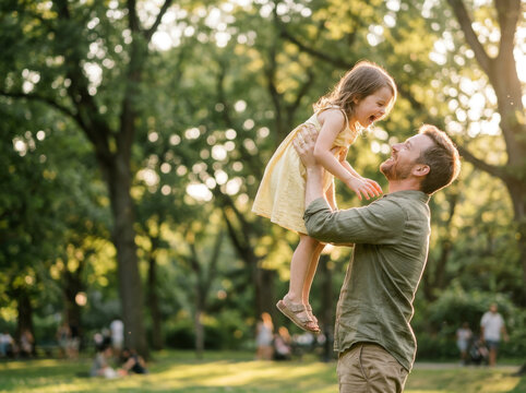 Padre levantando a su hija al atardecer