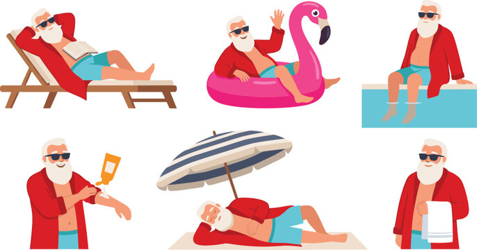 Summer Christmas Santa Claus Character Icon Set with Festive Holiday Mascot Relaxing on Lounge Chair Flamingo Pool Float and Under Beach Umbrella