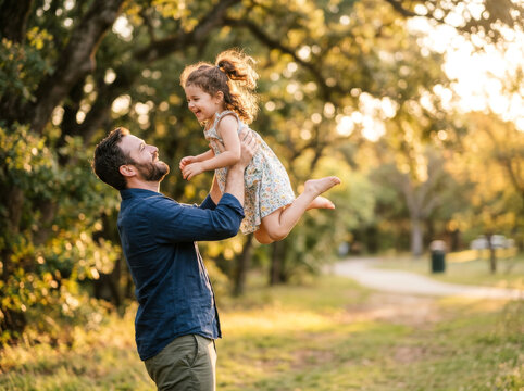 Padre levantando a su hija al atardecer