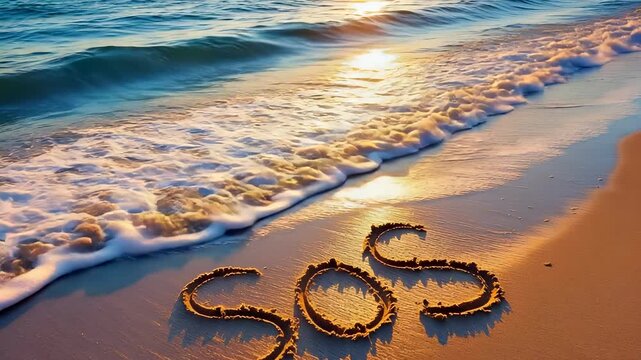 SOS Message Written in Sand on Tropical Beach, Depicting Distress and Hope Amidst Ocean Waves at Sunset.