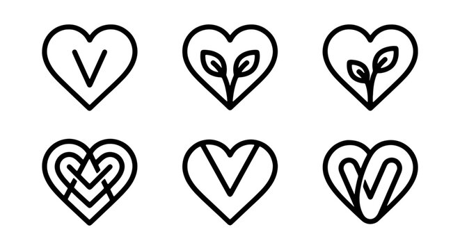 Vegan Heart Icons Set, Plant-Based Love Symbols, Vegetarian Lifestyle Graphics, Organic Food Badges, Simple Outline Vector Collection