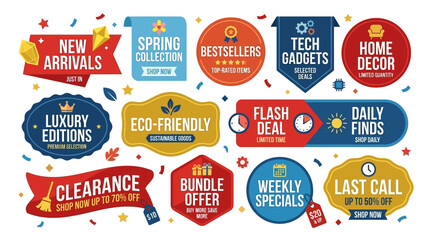 Obraz premium Colorful retail promotion badge set and shopping label concept for marketing campaigns, seasonal discounts, and ecommerce site design elements