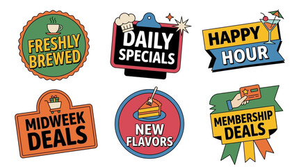 Obraz premium Set of Colorful Vector Badges for Cafe and Restaurant Promotional Marketing and Seasonal Retail Discounts