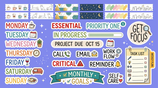 Digital planner sticker set for productivity including colorful weekly labels washi tape strips and task management icons for organizational journaling