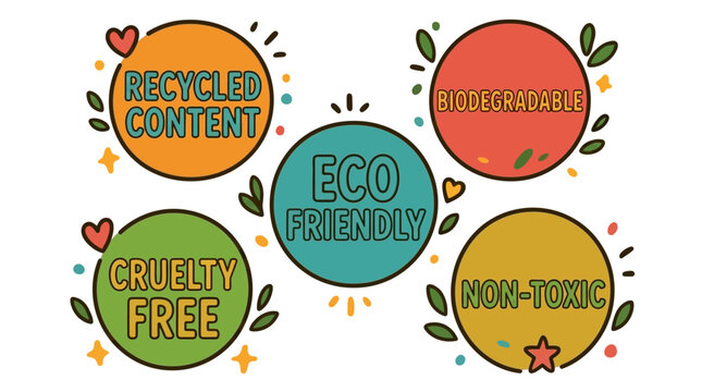 Set of colorful circular badges representing various sustainability and ethical consumer labels for environmentally conscious lifestyle branding