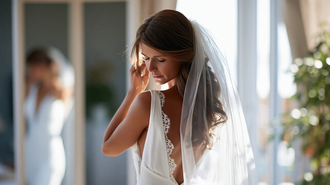 Anonymous bride standing alone before a floor-length mirror in a sunlit bridal suite adjusting her veil, wedding morning preparation and contemplative moment concept, faceless