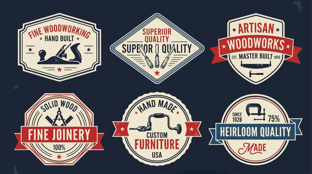 Vintage Woodworking and Carpentry Workshop Badges with Handcrafted Furniture Tools and Artisan Craftsmanship Emblems Set