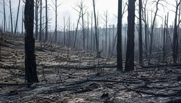 Devastated forest landscape after severe wildfire event