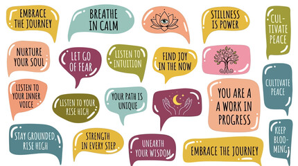 Obraz premium Set of colorful speech bubbles featuring mindfulness quotes and mental health affirmations for wellness
