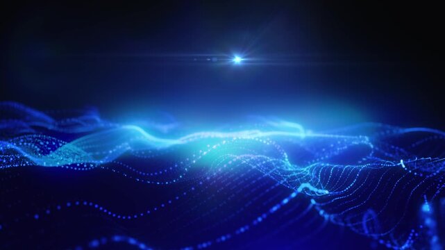 Abstract digital waves formed by glowing particles move across a dynamic 3D landscape, creating a futuristic visualization of data, energy, movement, technology, and connectivity.
