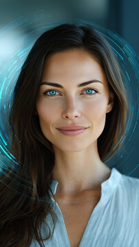 Confident young woman with blue eyes and natural makeup looking at camera, surrounded by digital futuristic elements. Modern portrait concept with technology inspired visual effects
