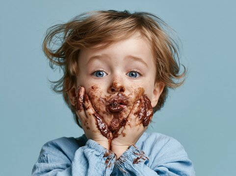 Messy toddler with chocolate all over face and hands enjoys a sweet treat