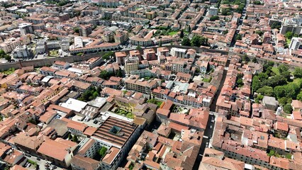 Obraz premium Drone aerial view of Prato urban landscape in Tuscany Italy.