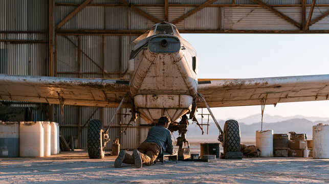 Weathered crop duster mechanic lying on mechanic creeper beneath biplane fuselage checking hopper nozzle alignment and pump calibration inside corrugated metal hangar on remote