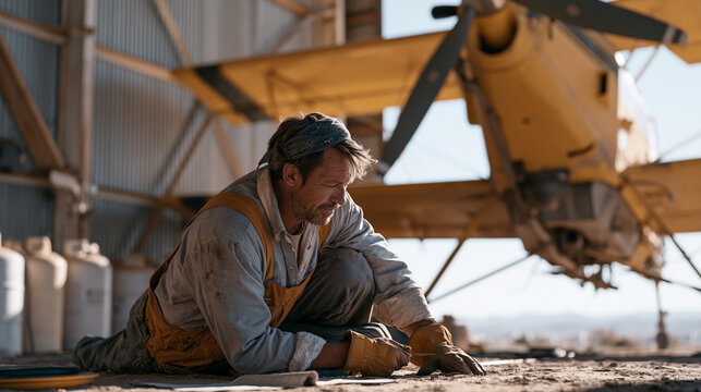 Weathered crop duster mechanic lying on mechanic creeper beneath biplane fuselage checking hopper nozzle alignment and pump calibration inside corrugated metal hangar on remote