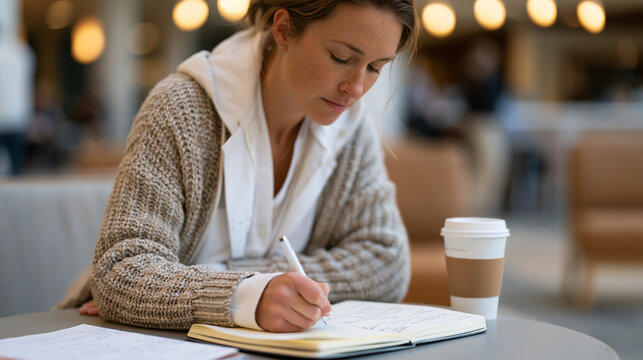 Over the shoulder view of medical resident using loss aversion decision framework written in structured journal, each choice weighted against potential regret column, hospital