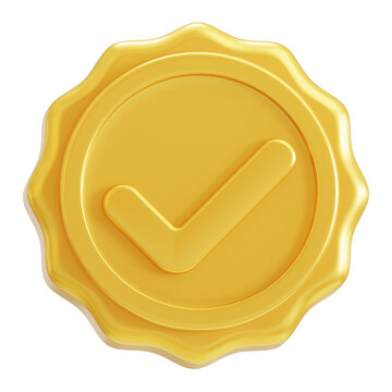 Golden checkmark badge 3D rendering icon for quality assurance and verification approval