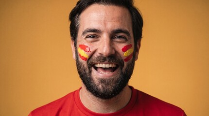 Obraz premium A happy man with a beard and a Spanish flag painted on his cheeks smiles enthusiastically in support of his national sports team on an orange background.