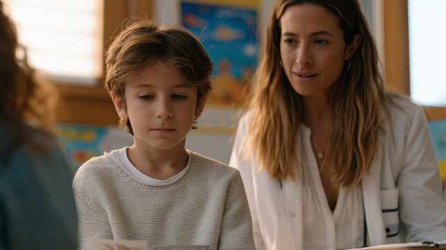 Child behavioral psychologist administers an amygdala fear response conditioning evaluation to a school-age child using illustrated stimulus cards in a warmly decorated pediatric