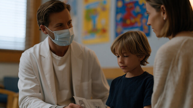 Child behavioral psychologist administers an amygdala fear response conditioning evaluation to a school-age child using illustrated stimulus cards in a warmly decorated pediatric