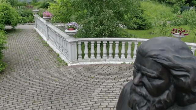 Drone flying toward Archimandrite Gabriel bust