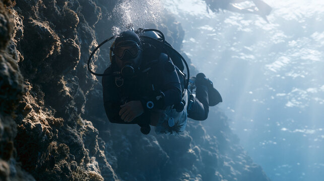 Marine biologist in full scuba gear ascending decompression stop beside deep reef wall, specimen collection bag holding tagged coral fragment, safety diver above, tropical light