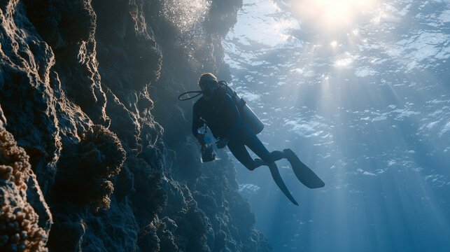 Marine biologist in full scuba gear ascending decompression stop beside deep reef wall, specimen collection bag holding tagged coral fragment, safety diver above, tropical light
