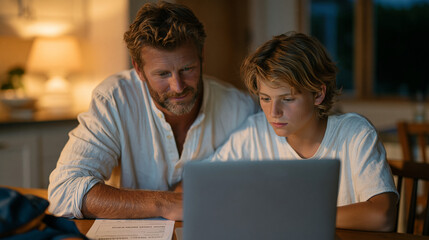 Parent reviews college counseling platform scholarship matching tool beside teenager at kitchen table in modest home, printed financial aid checklist between them, back-to-school