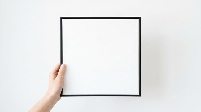 Close up de uma m&atilde;o segurando uma tela branca quadrada vazia com moldura flutuante preta contra uma parede branca para mockup de arte
