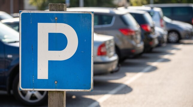 Blue parking sign on a wooden post in an outdoor parking lot with blurred cars in the background.