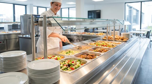Smiling female chef serving hot food from stainless steel trays at a modern cafeteria buffet line.