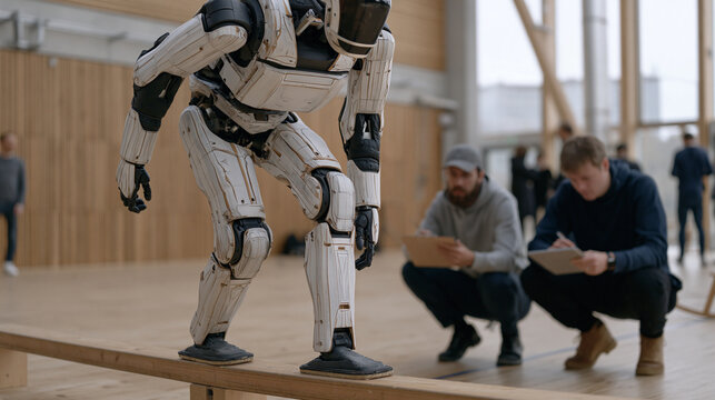 Bipedal humanoid robot traversing a narrow balance beam in a university robotics gymnasium, researchers crouched nearby with clipboards and tablets recording gait stability