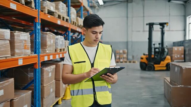 Warehouse worker inspecting inventory with clipboard, checking stock levels in a large distribution center environment.