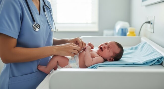 Nurse changing the diaper of a crying newborn baby on a changing table in a medical examination room, close up