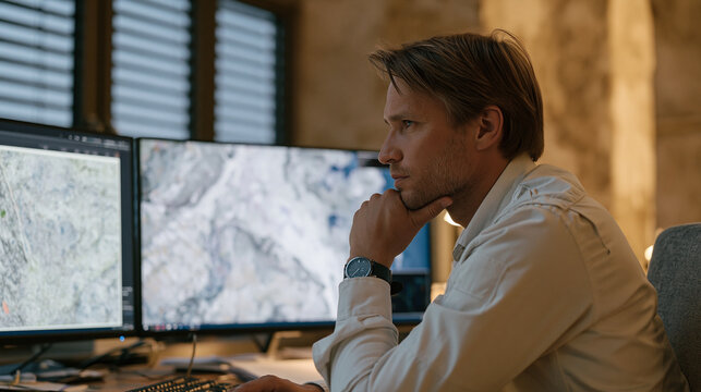Synthetic aperture radar ground processing station supervisor examines freshly processed coastal erosion imagery, comparing current data with archived maps on adjacent monitor,