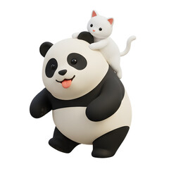 Fototapeta premium Cute 3D render of a white cat riding on a panda's back