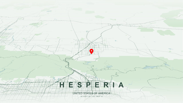 Modern minimalist vector map of Hesperia, California, USA. High-quality scalable illustration of Hesperia city grid, Cajon Pass transit axis, Mojave River contours for posters design.
