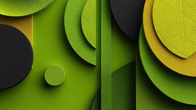 Abstract composition featuring layered circular shapes in vibrant green, black, and yellow textures, creating a visually striking design with depth and contrast