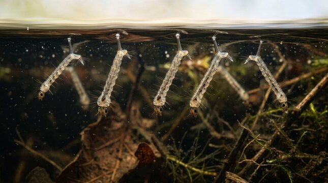 Macro close up of mosquito larvae hanging under water surface among decaying leaf litter in a murky pond

