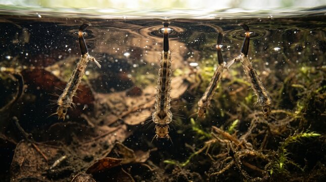 Macro underwater view of mosquito larvae hanging just below the water surface in a murky natural pond