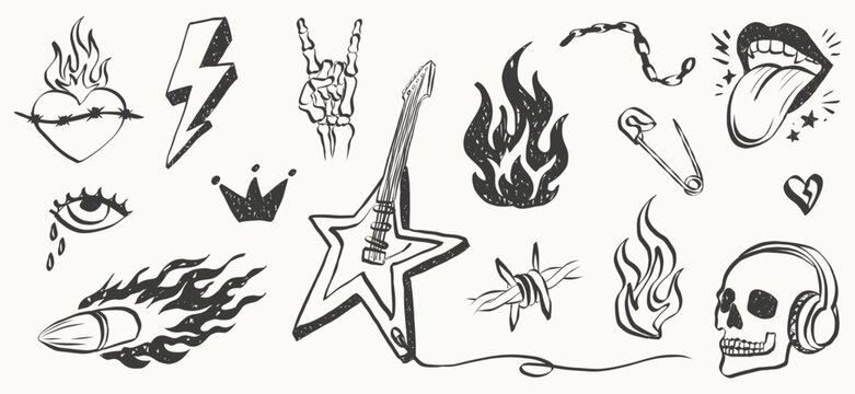Rock music doodle stickers with punk icons, hand-drawn tattoos, fire elements, grunge skull, guitar and heart. Perfect for edgy designs, posters or urban art projects. Grafitti vector illustration.
