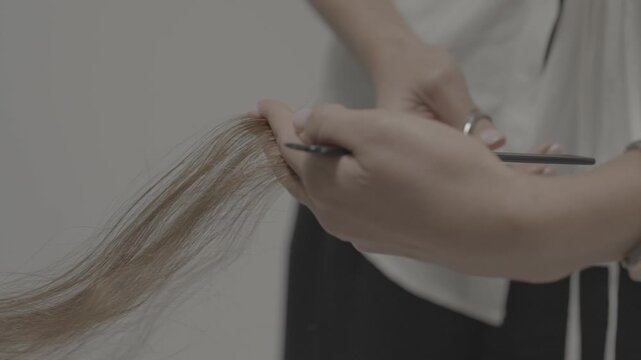 Close up of a professional hairstylist using scissors and a comb to trim and style hair in a modern beauty salon, showcasing precise techniques on different hair types.

