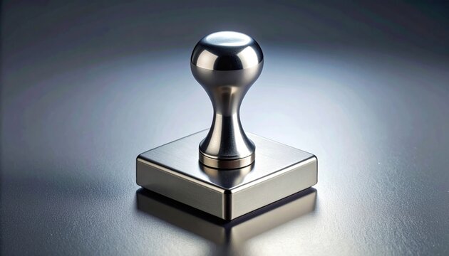 A sleek metallic hand stamp with a polished silver finish sits on a reflective surface, embodying modern design and official documentation.