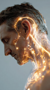 Profile of a mature man with glowing neural pathways and illuminated nerves visualized along his head and neck. Futuristic concept of human nervous system and brain connectivity