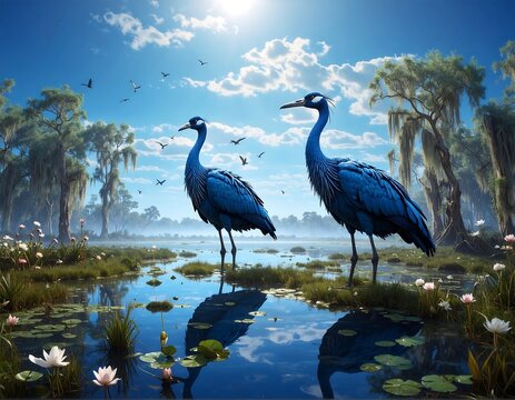 Two iridescent blue herons stand in a wetland with water lilies, while birds fly across a bright sunny blue sky