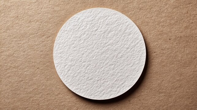 Stunning photo of blank white circular paper coaster on brown textured craft paper background.