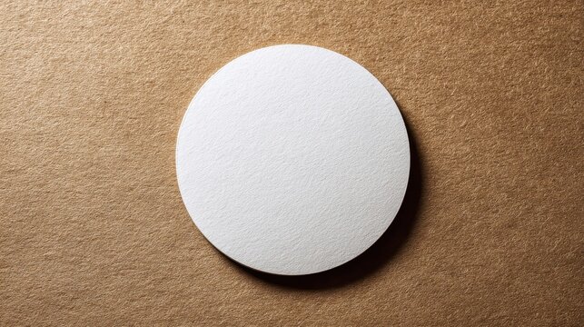 Stunning photo of blank white circular paper coaster on brown textured craft paper background.