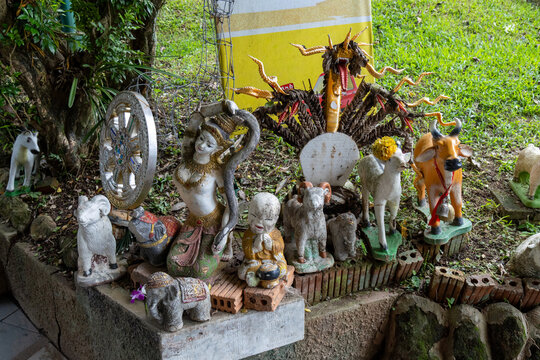 A collection of Buddhist statues, including a multi-headed dragon and a woman entwined with a snake, are displayed outdoors in Wat Phra That Doi Suthep, Thailand.
