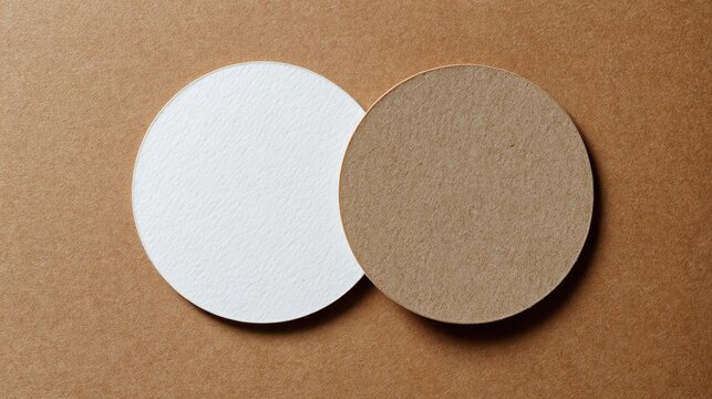 Stunning photo of blank white circular paper coaster on brown textured craft paper background.