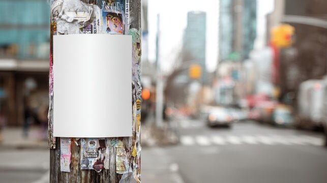 Stunning photo of blank white square flyer mockup on a city utility pole with torn posters and a blurred urban street background.